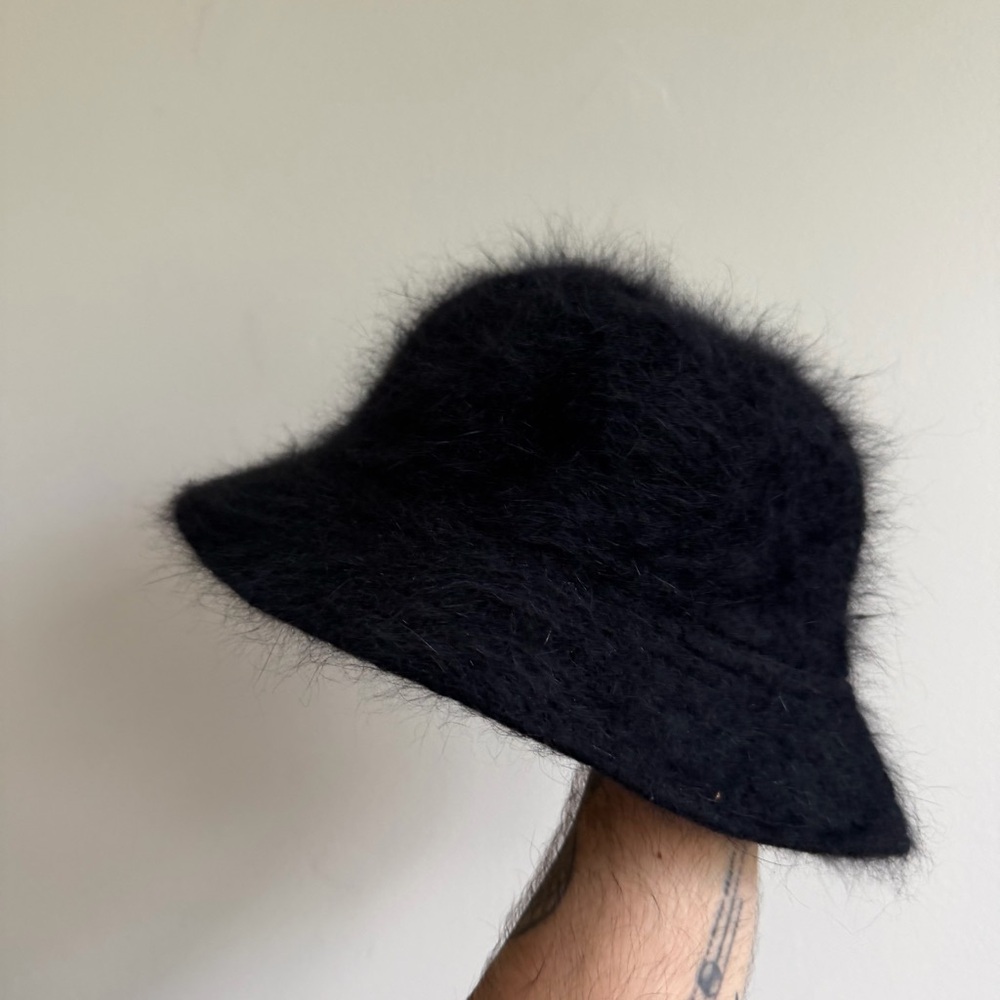 Black Angora Blend Bucket Hat Soft Fuzzy Texture One Size